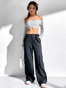 SHEIN EZwear 女士灰色肋紋肩帶上衣 - 灰色 - 查看 5