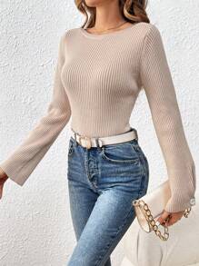 SHEIN Frenchy Women'S Round Neck Ribbed Long Sleeve Sweater