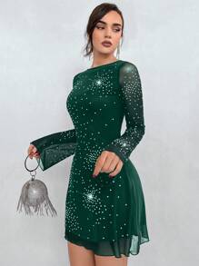 Aloruh Women's Rhinestone Decor Mesh Bell Sleeve Dress - Dark Green - View 4