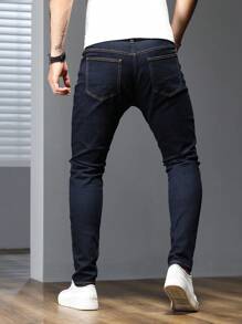 Manfinity Homme 男士大码口袋牛仔裤，纯色深蓝色修身长款深色洗水牛仔裤，洗水工装牛仔裤，适合送给丈夫、男朋友的礼物 - 藍色 - 查看 6