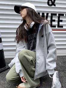 Sudadera Gris Con Cierre Y Estampado De Letra Para Talla Suelta - Gris - Ver 3