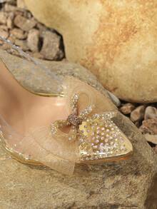 Women's High Heels Shoes With Bow Knot, Rhinestone, Transparent Tpu, Sexy, Fashionable Stiletto Shoes, Gold - Gold - View 4