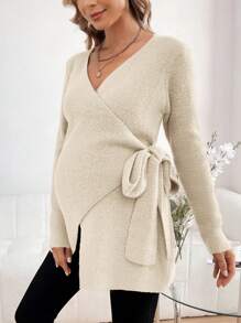 SHEIN Pull tricoté à manches longues, conception d'emmaillotage maternité avec nœud latéral, pour l'hiver