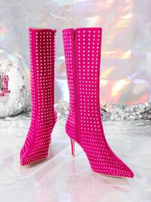 Botas Rosadas Con Pedrería Para Mujeres, De Estilo De Fiesta A Media Pierna, A La Moda Y A La Última - Rosa Fucsia - Ver 3