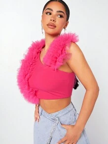 SHEIN Unity Asymmetrical Neck Exaggerated Ruffle Trim Crop Top For Summer - Hot Pink - View 4