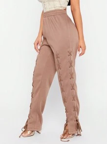 SHEIN SXY Brown Knit Drawstring Detail Sweatpants - Mocha Brown - View 3
