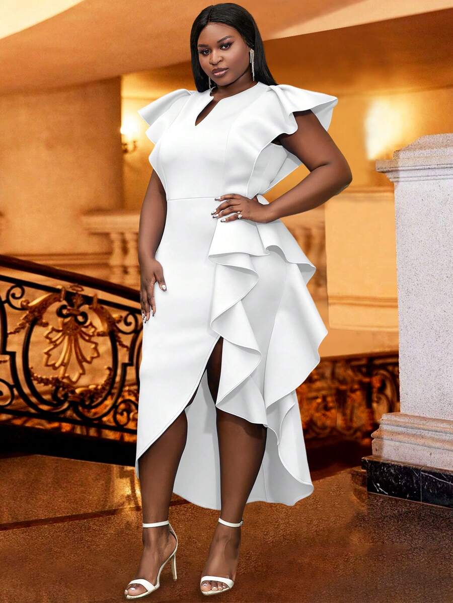 Đầm Plus Size Cao thấp Xù Dây kéo màu trơn Thanh lịch - trắng - Xem 1