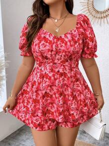 Celure 大码夏季甜心领泡泡袖花卉印花连体衣 - 紅色 - 查看 5