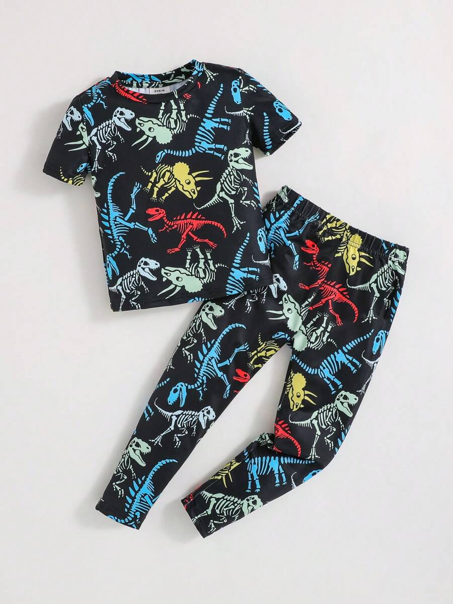 SHEIN Young Boy Casual & Comfortable Dinosaur Skeleton Pattern Short Sleeve Top And Pants Snug Fit Homewear Set - Multicolor - View 1