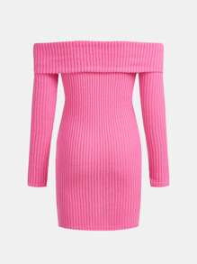 SHEIN Tween Girls' Solid Color Knitted Off-Shoulder Casual Dress - Hot Pink - View 2