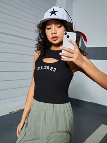 十幾歲女孩的綁帶針織無袖上衣,露空心及繡字細節 - 白色 - 查看 4