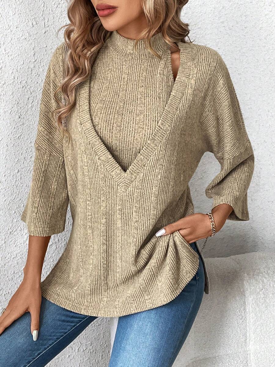 SHEIN LUNE 2件套女士露背頸肋織背心和垂墜肩長袖衫 - 杏色 - 查看 1