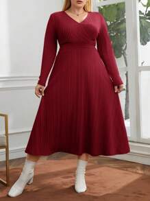 SHEIN Essnce Plus Size Women's Wrapped Neckline Cinched Waist Dress - Burgundy - View 5