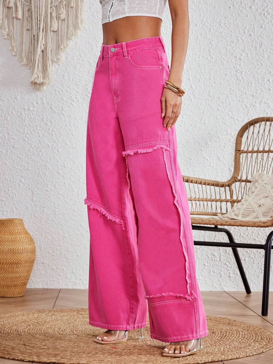 Breezaya 女式磨邊寬褲 - 粉色 - 查看 1