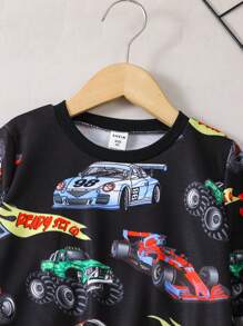 SHEIN 幼童男孩時尚多彩汽車印花運動衫和長褲服裝套裝 - 黑色 - 查看 4