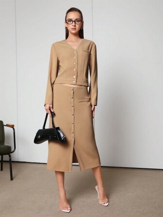 SHEINNeu Ladies' Button Front Jacket And Skirt Set