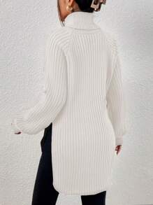 EURMUSE Turtleneck Raglan Sleeve Split Hem Sweater - White - View 2