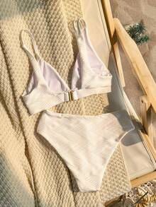 SHEIN Swim 纯色特殊面料保守比基尼套装婚礼夏季海滩 - 白色 - 查看 4