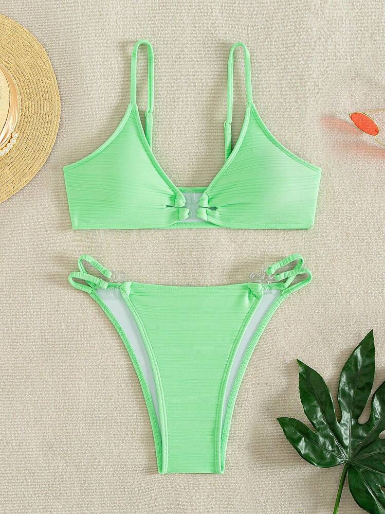 SHEIN Swim Women's Solid Color Flower Decorated Neon Bikini Set With Buckle Connection, Summer Beach - Mint Green - View 1