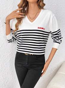 SHEIN Frenchy V-neck Striped Knitted Sweater With Letter Embroidery - Black and White - View 3