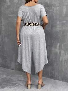 SHEIN LUNE 大碼圓領拼接豹紋腰帶連身褲,斜口袋設計 - 淺灰色 - 查看 2