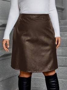SHEIN Clasi Plus Size Pu Leather Skirt - Brown - View 1