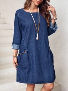 SHEIN LUNE 女款捲袖牛仔連衣裙 - 藍色 - 查看 5