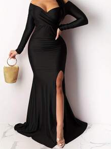 Vestido largo de fiesta negro sin tirantes de manga larga y sexy para mujer, de verano - Negro - Ver 3