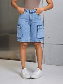 SHEIN SXY Utility Style Denim Shorts - Blue - View 3
