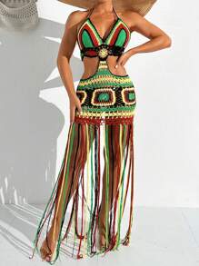 SHEIN Swim Summer Beach Women's Hollow Out Knitted Colorblock Tassel Cover Up - Multicolor - View 3