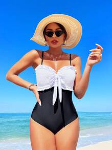 SHEIN Swim 夏季女士拼色连体泳衣，胸前有蝴蝶结和褶饰婚礼 - 黑與白 - 查看 1