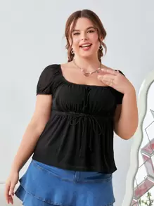 SHEIN EZwear 大尺碼女蕾絲拼接 T 卹,胸圍褶皺