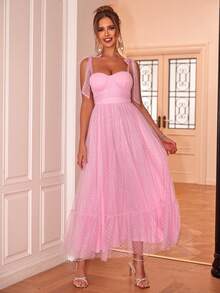 Joyfunear 女士优雅纯色吊带网纱连衣裙 粉色 夏季 - 粉色 - 查看 6