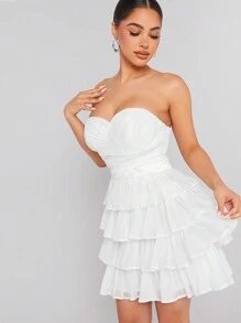 L'Amorae Layered Ruffle Sweetheart Dress - White - View 1