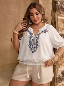 SHEIN VCAY Camisa Con Cuello Y Bordado Floral Estilo Bohemio De Talla Grande - Blanco - Ver 5