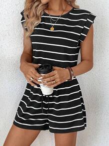 SHEIN LUNE Women's Black Striped Jumpsuit With Hollow Back Design