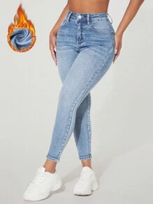SHEIN Essnce Washed Skinny Denim JeansWarm Thickened Denim - Light Wash - View 1