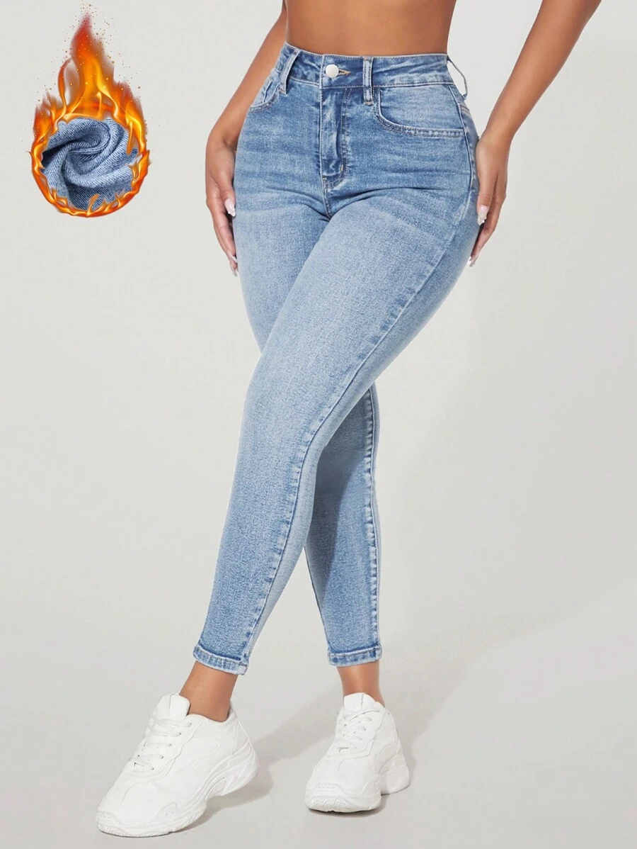 SHEIN Essnce Washed Skinny Denim JeansWarm Thickened Denim - Light Wash - View 1