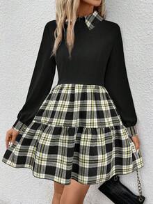 SHEIN Essnce 格紋拼接連衣裙 - 黑色 - 查看 5