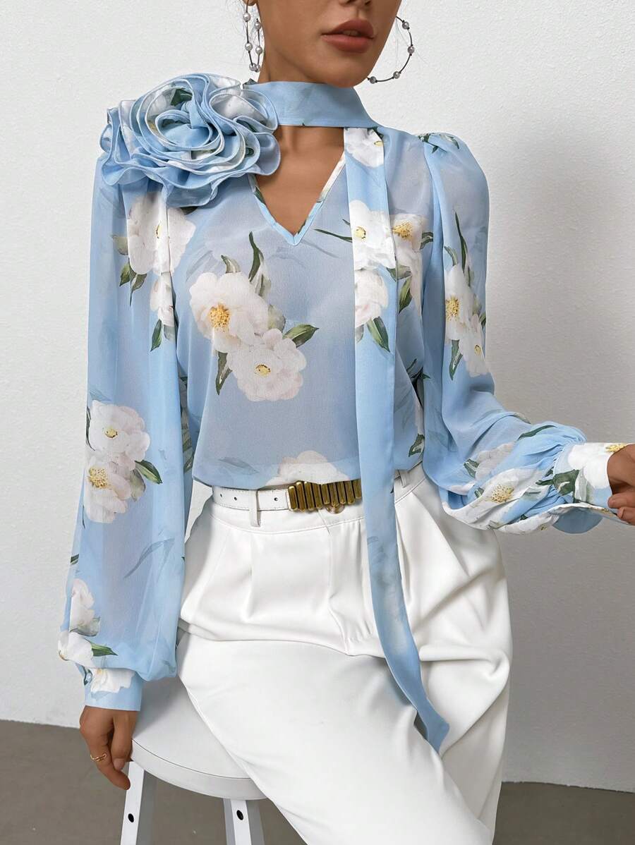 SHEIN Privé Women Romantic 3d Flower Chiffon Sheer Long Sleeve Shirt For Valentine's Day And Spring - Multicolor - View 1