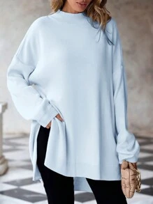 SHEIN Cottnline 大尺碼立領長袖套頭毛衣 - 淺藍色 - 查看 5