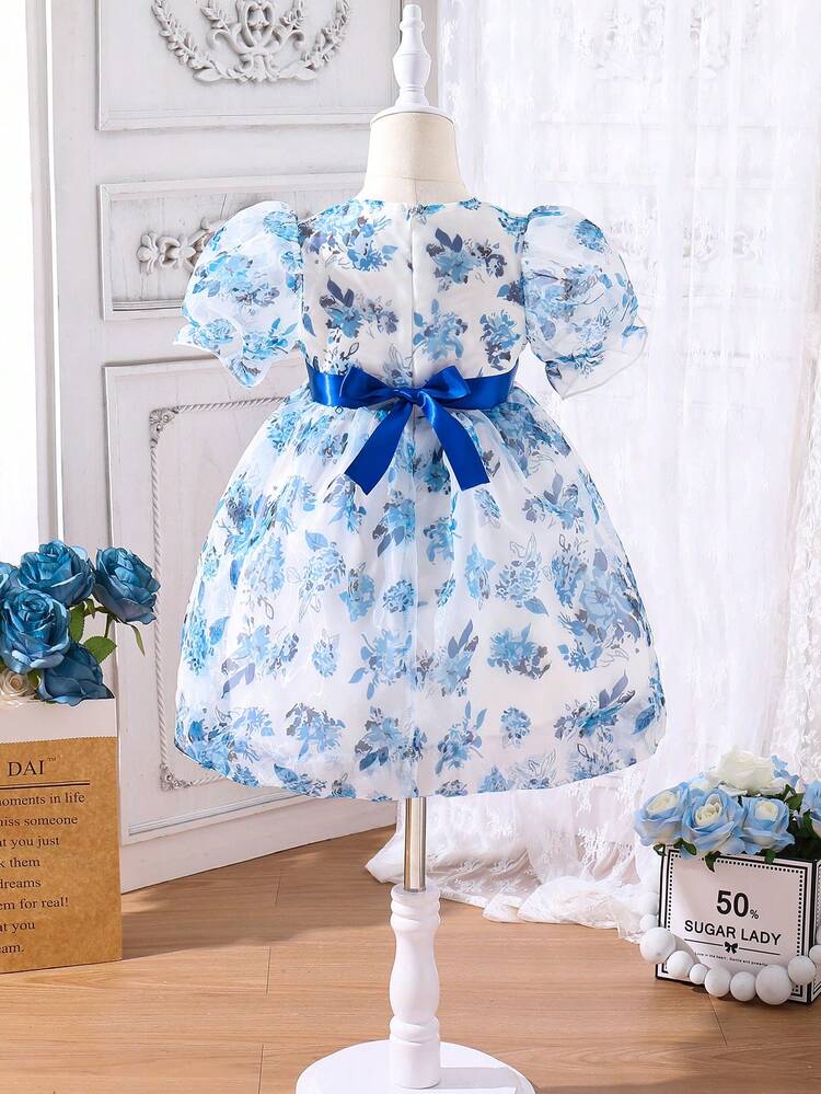 Little Girls' Floral Printed Puff Sleeve Dress