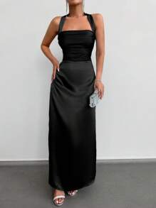 EURMUSE Ladies' Satin Backless Maxi Dress - Black - View 4