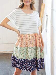 Women Casual Striped Patchwork Ditsy Floral Dress - Multicolor - View 1