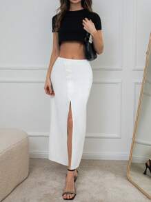 EURMUSE Women's Solid Color Button Front Slit Skirt - White - View 5