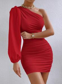 SHEIN Privé 女士一字肩長袖緊身連衣裙 - 紅色 - 查看 6