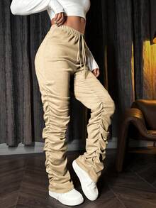 SHEIN Unity Women's Solid Color Pleated Sweatpants - Apricot - View 4