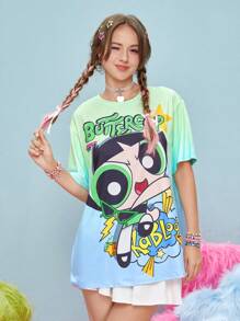 The Powerpuff Girls | ROMWE Camiseta de hombros caídos de ombré con estampado de dibujos animados - Multicolor - Ver 1