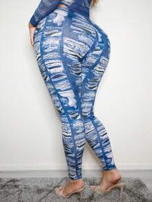 SHEIN SXY 大尺碼女士牛仔臨場打底褲性感外出俱樂部套裝 - 彩色 - 查看 2