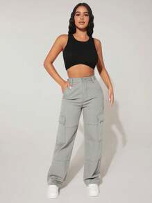 SHEIN PETITE Jeans Feminino De Perna Reta Cargo - Cinza - Ver 4
